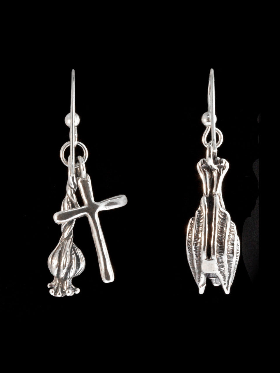 Sleeping Bat Cross and Garlic Earrings - Silver