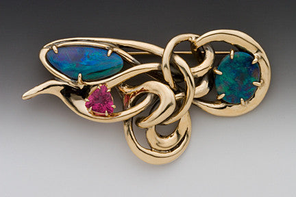 Nouveau Abstract Pendant - Boulder Opal and Pink Tourmaline - 14K Gold