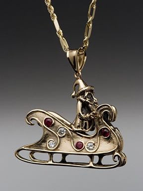 Santa and Sleigh Pendant - 14K Gold with Diamonds, Sapphires & Rubies