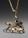 Santa and Sleigh Pendant - 14K Gold with Diamonds, Sapphires & Rubies