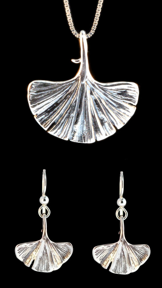 Ginkgo Leaf Pendant and Earring Set - Sterling Silver