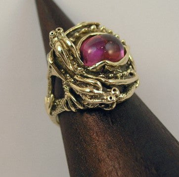 Double Dragon Ring with Pink Tourmaline Cabochon - 14K Gold