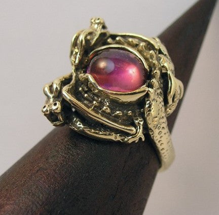 Double Dragon Ring with Pink Tourmaline Cabochon - 14K Gold
