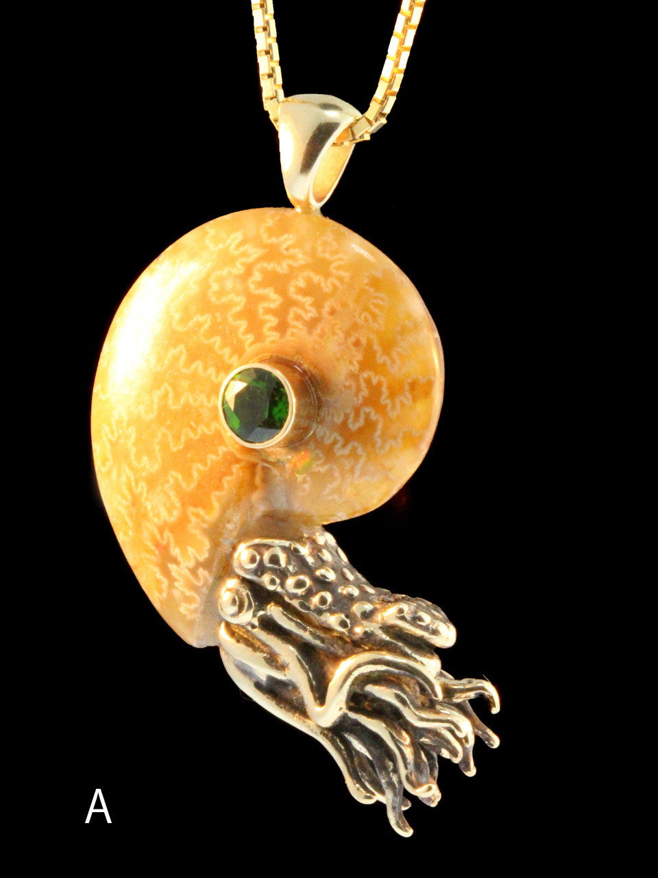 Fossilized Ammonite Nautilus Necklace w/Chrome Diopside