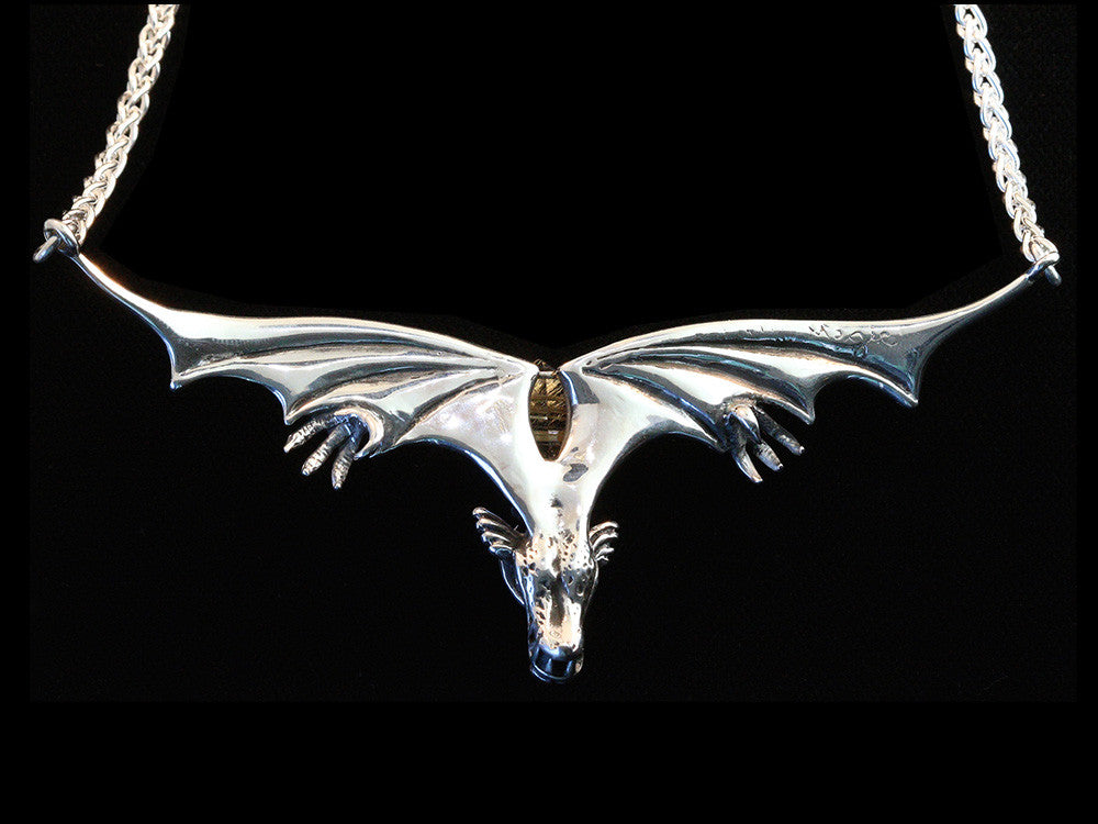 Gothic Dragon Neckpiece with Rutilated Quartz in Silver