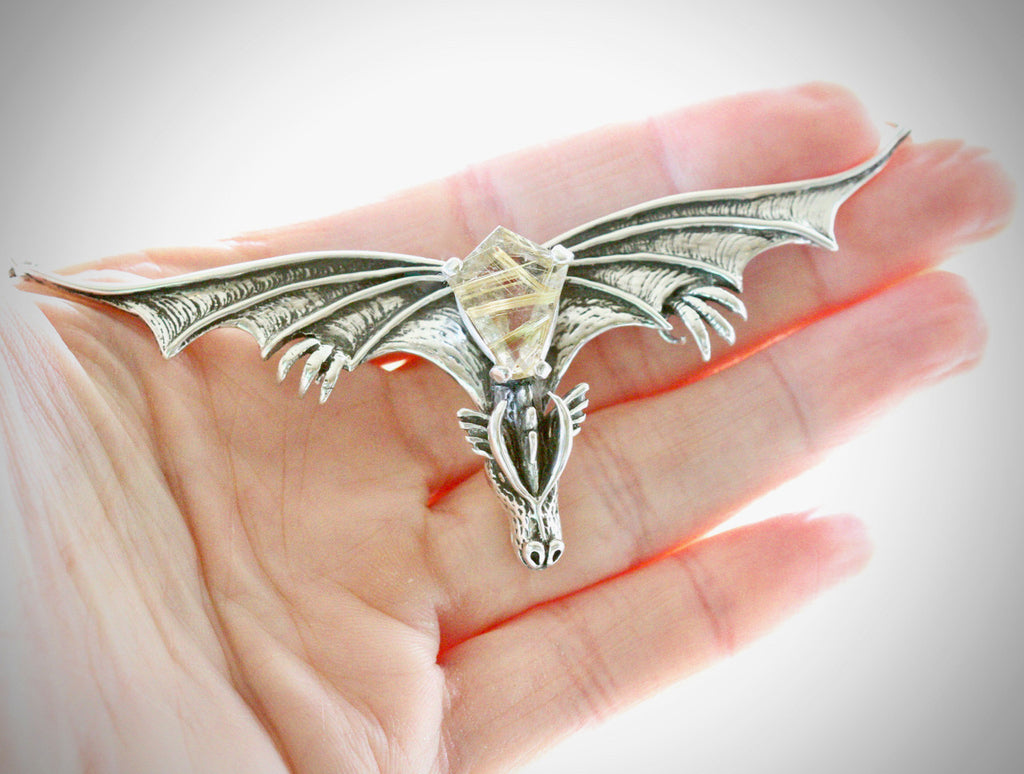 Gothic Dragon Neckpiece with Rutilated Quartz in Silver