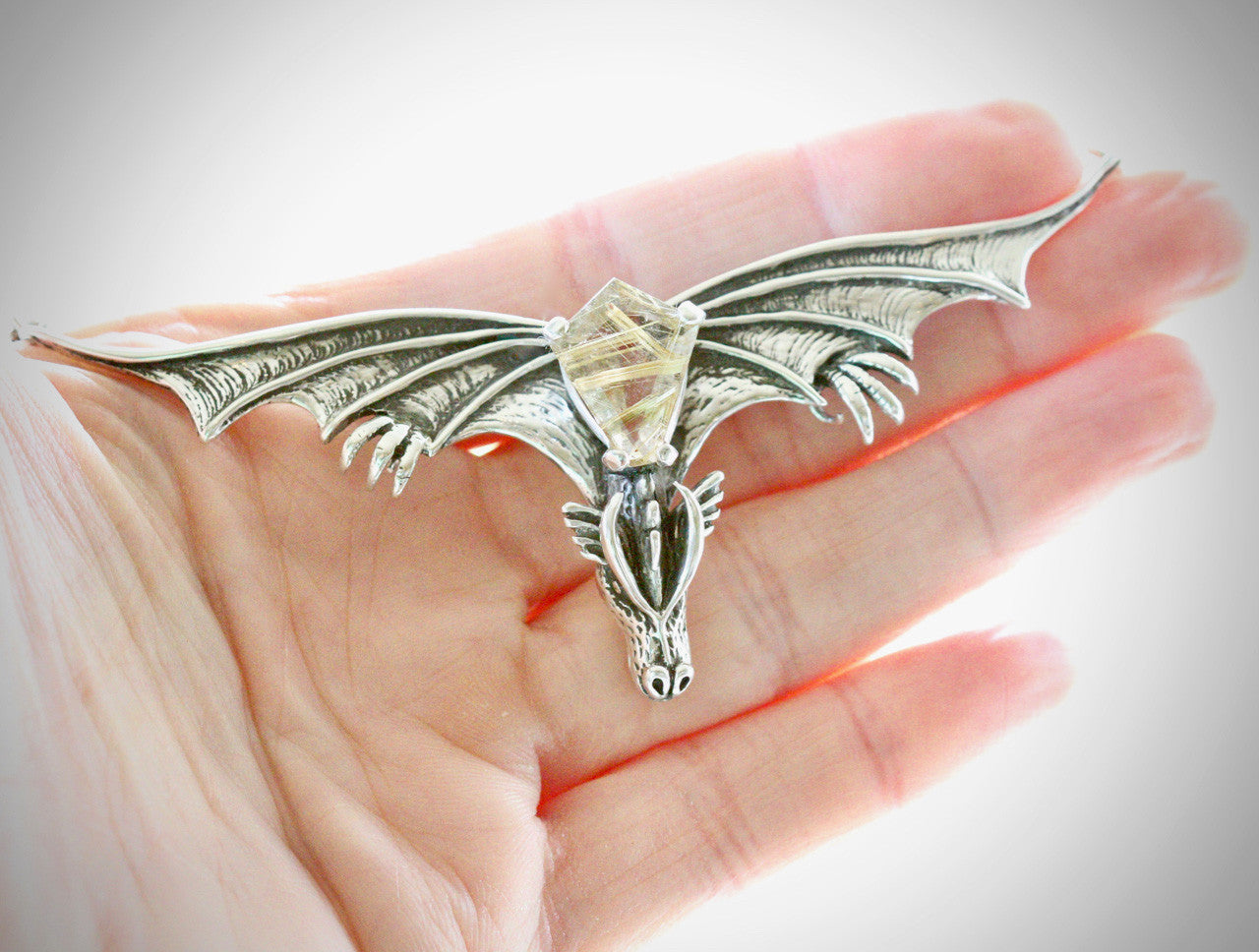 Gothic Dragon Neckpiece with Rutilated Quartz in Silver