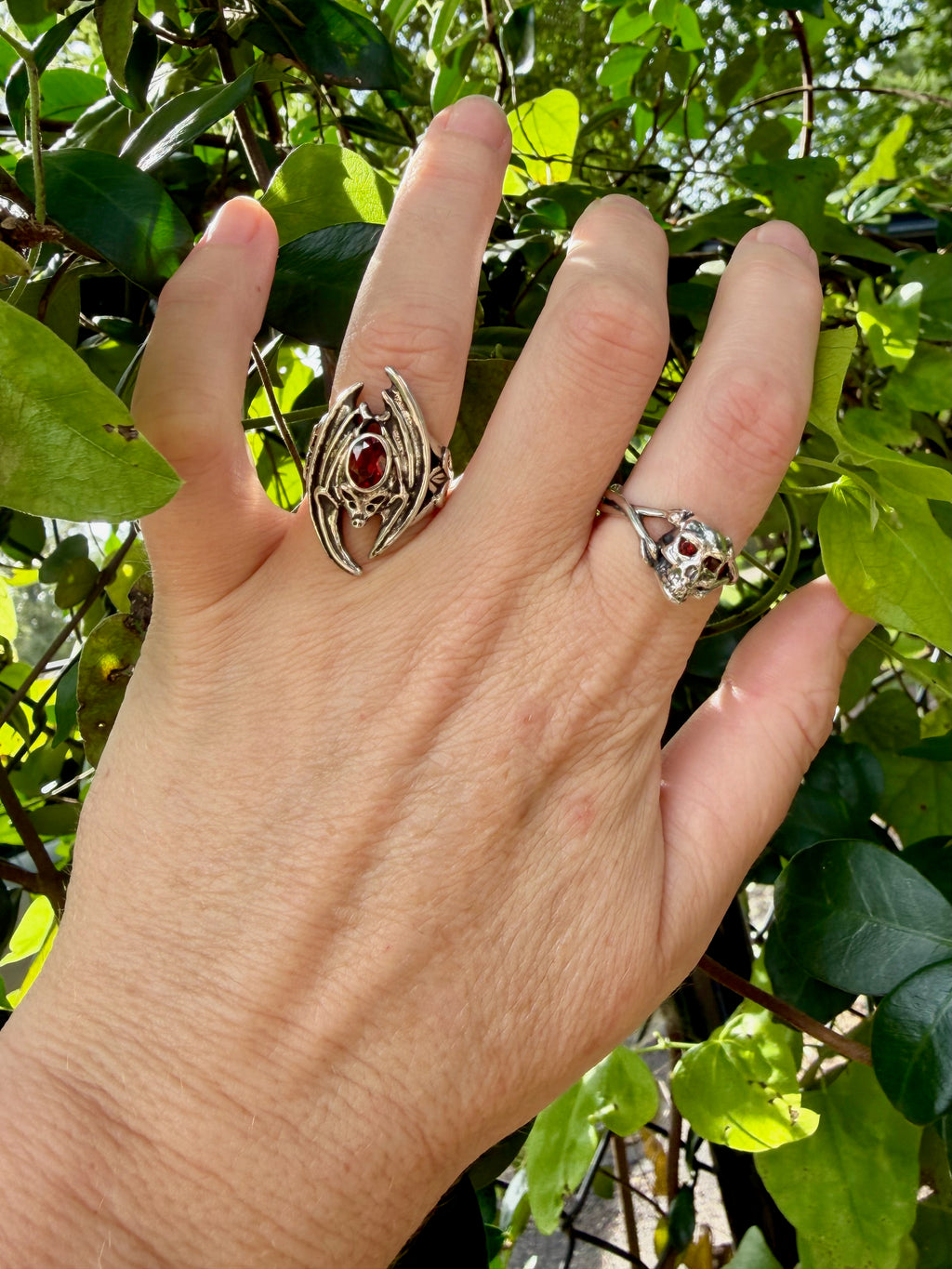 Medium Skull and Crossbones Ring with Gemstones - Sterling Silver