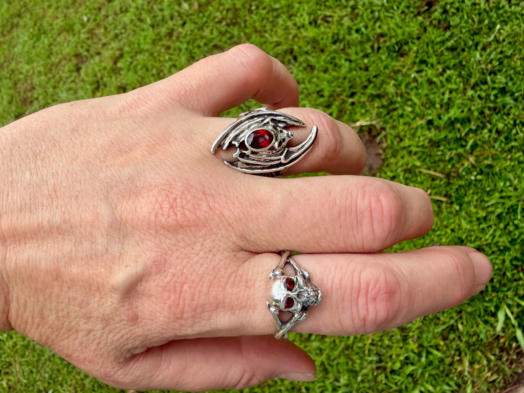 Medium Skull and Crossbones Ring with Gemstones - Sterling Silver