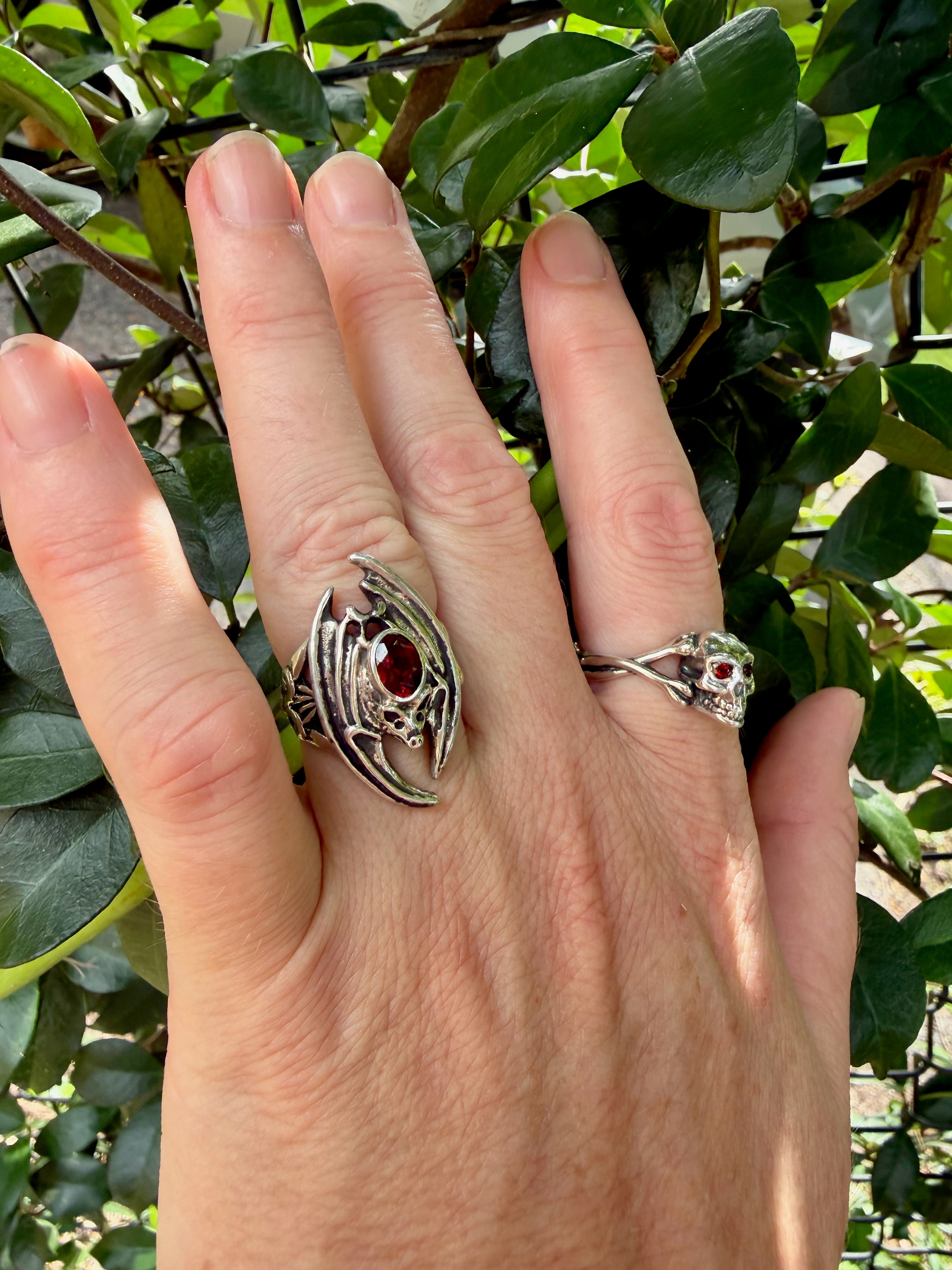 Medium Skull and Crossbones Ring with Gemstones - Sterling Silver