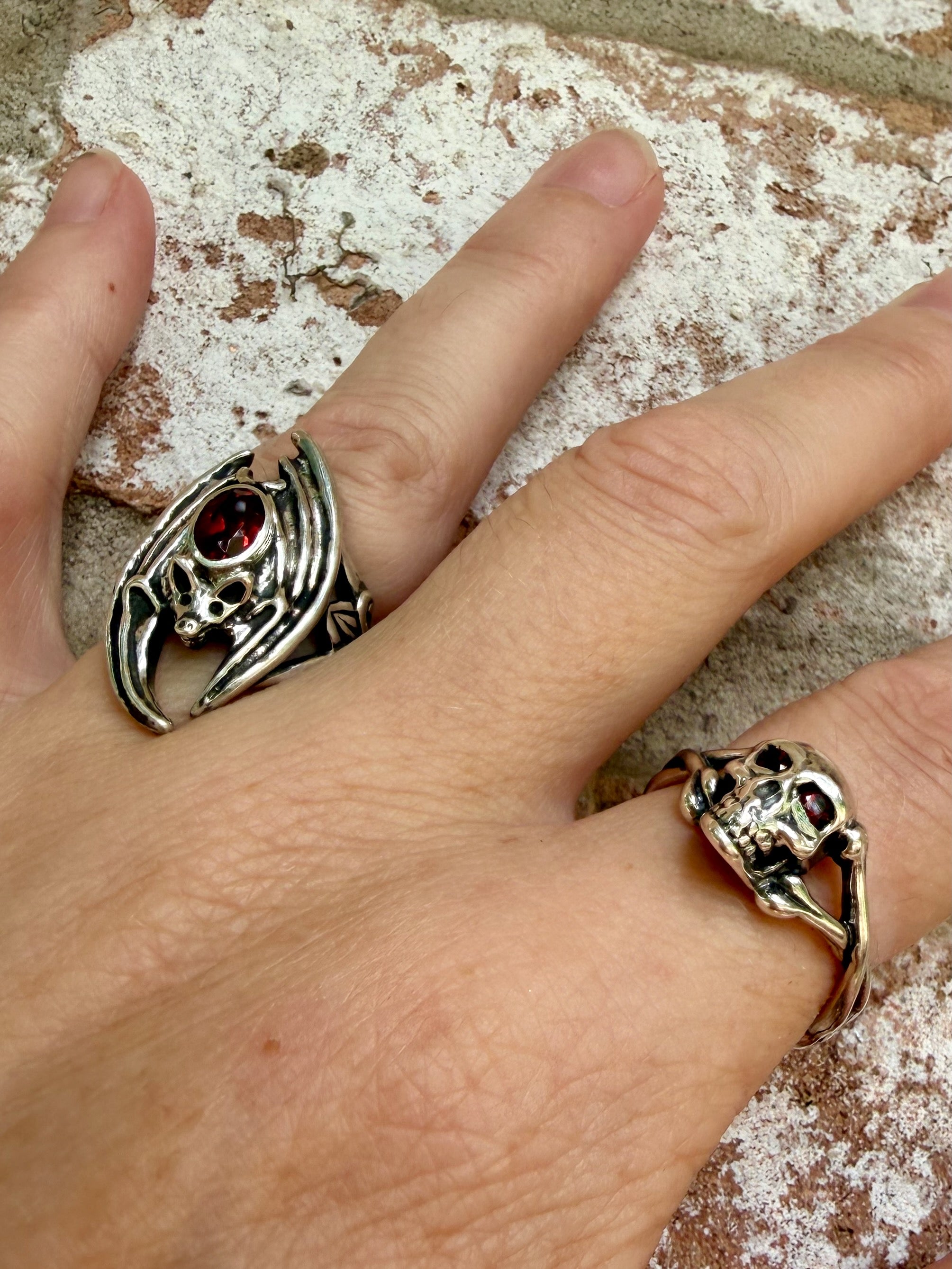 Medium Skull and Crossbones Ring with Gemstones - Sterling Silver