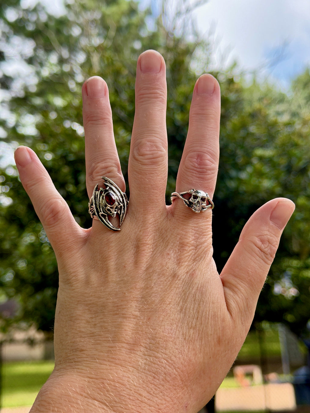 Medium Skull and Crossbones Ring with Gemstones - Sterling Silver