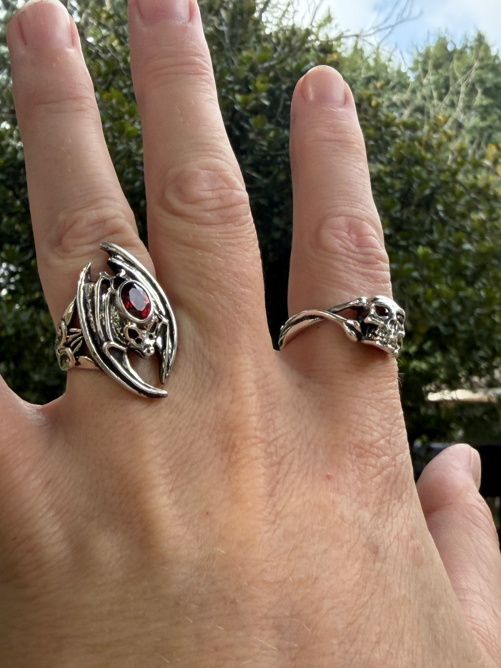 Medium Skull and Crossbones Ring with Gemstones - Sterling Silver
