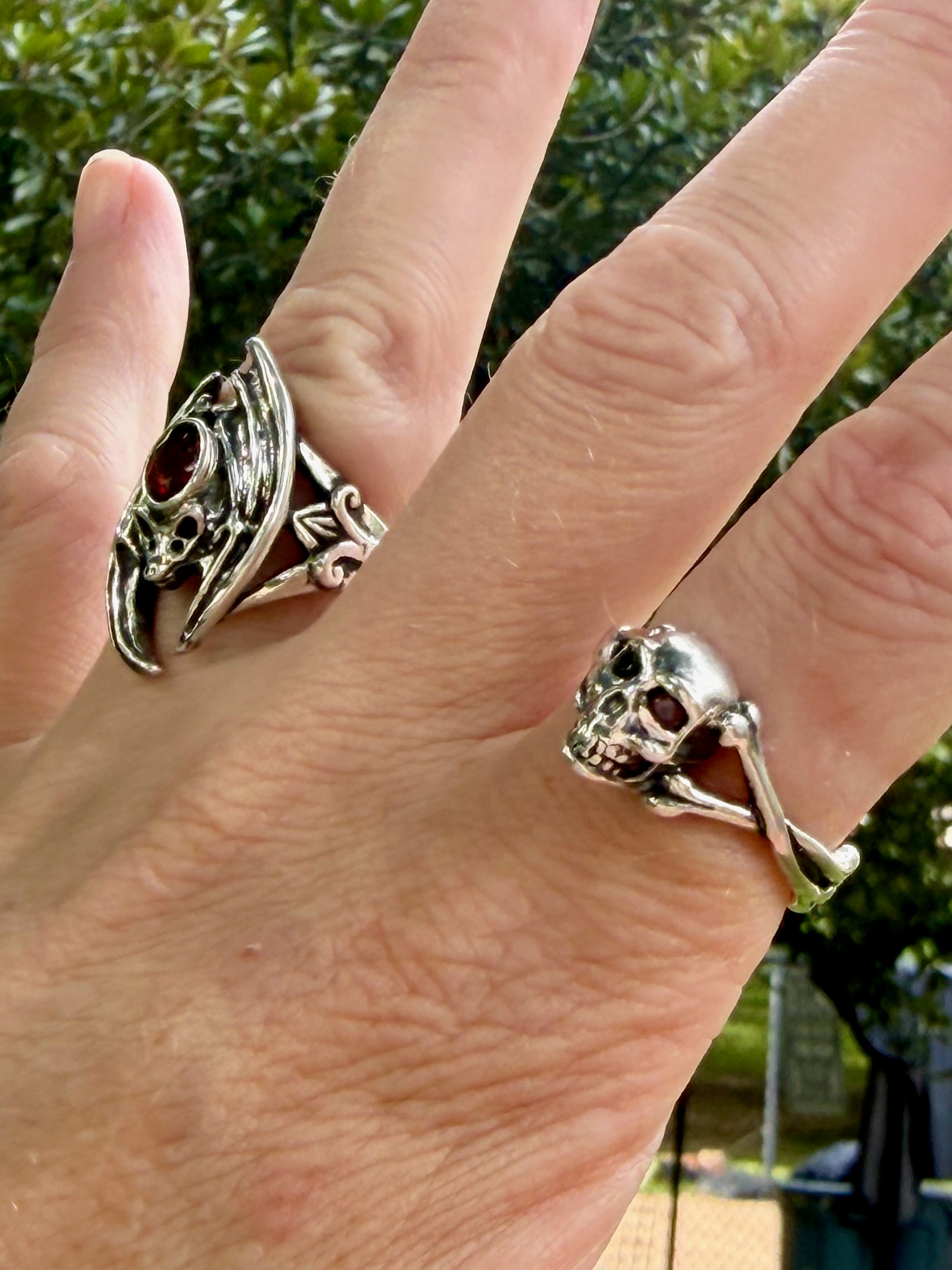 Medium Skull and Crossbones Ring with Gemstones - Sterling Silver