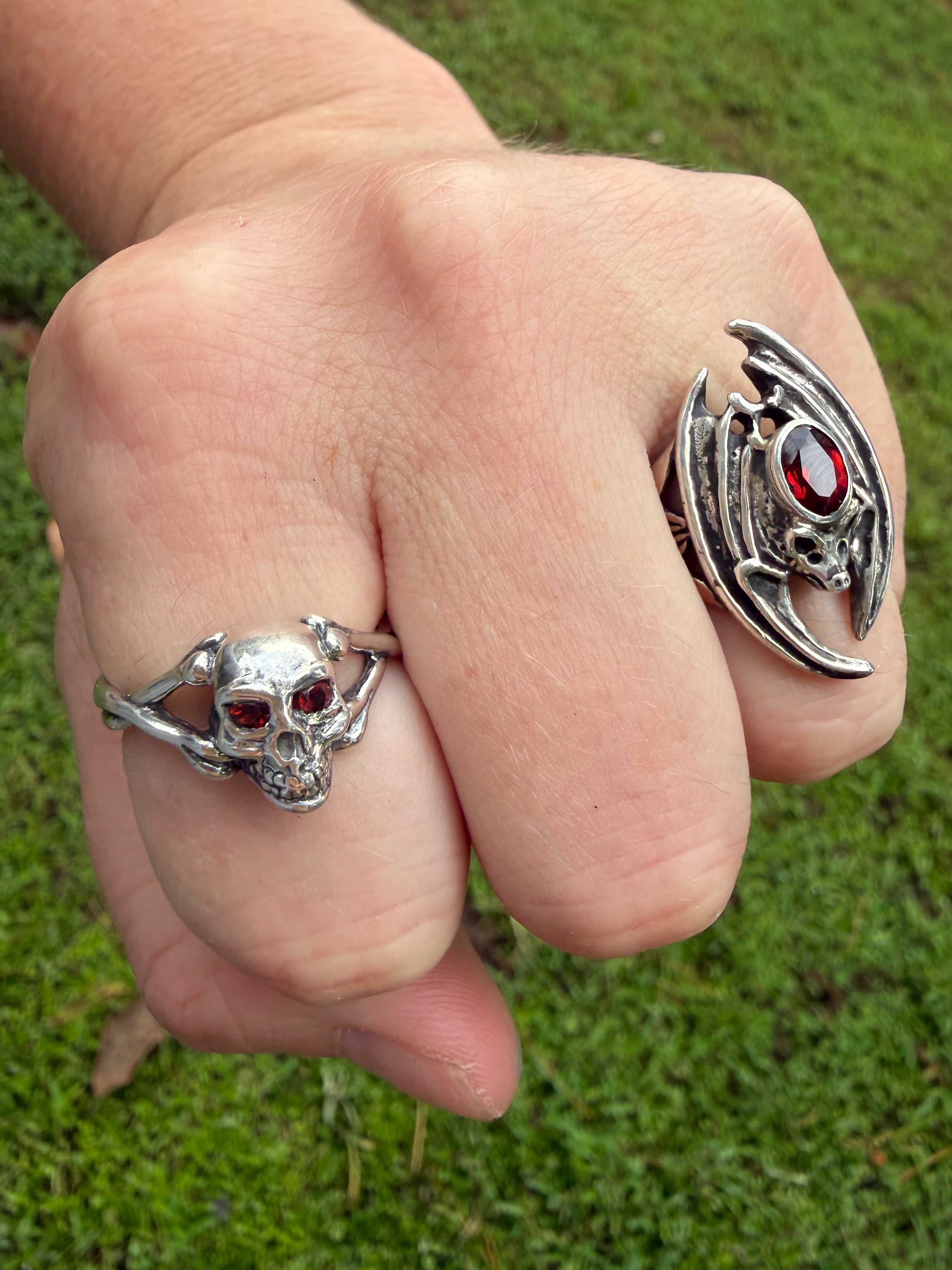 Medium Skull and Crossbones Ring with Gemstones - Sterling Silver