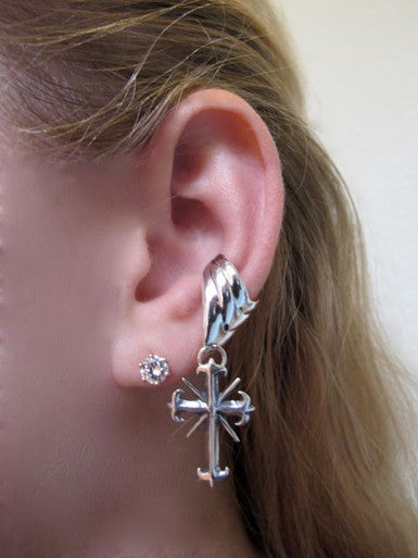 Gothic Cross Ear Cuff Chevron - Sterling Silver