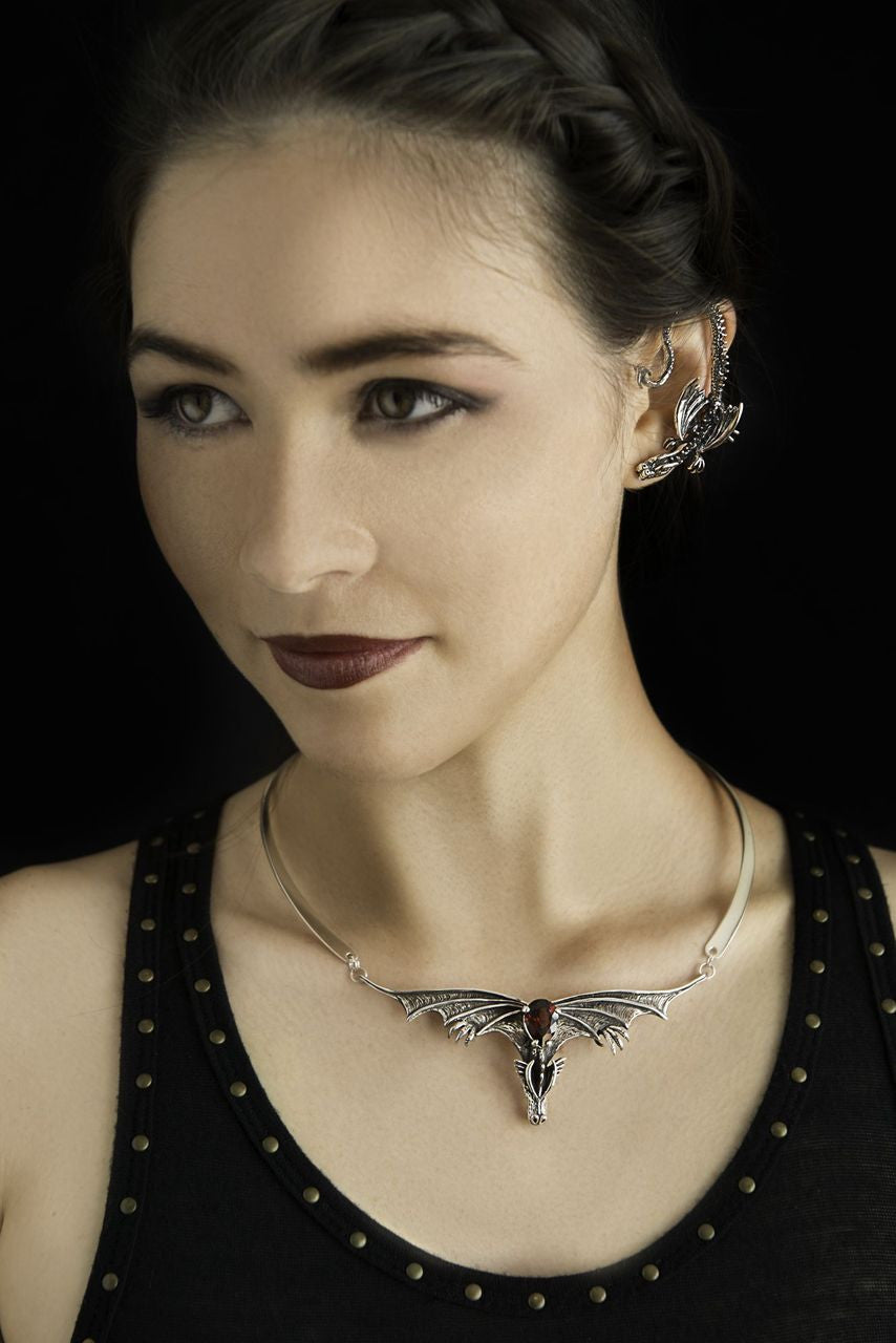 Gothic Dragon Neckpiece with Pear Garnet and Neck-ring - Silver