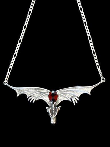 Gothic Dragon Neckpiece with Mozambique Garnet - Sterling Silver