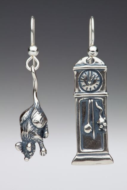 Mother Goose - Grandfather Clock and Mouse Earrings - Silver