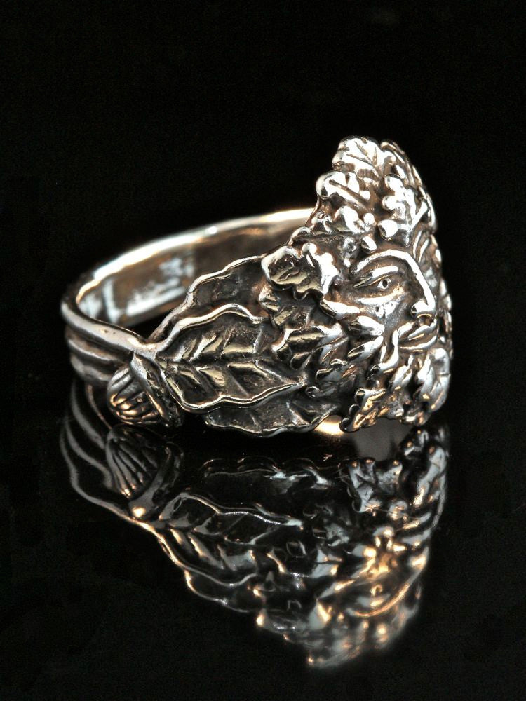 Oak Leaf and Acorn Green Man Ring in Silver