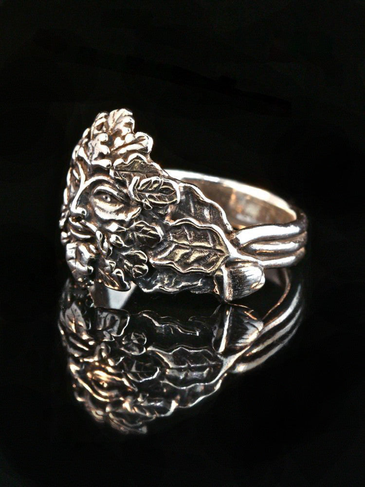 Oak Leaf and Acorn Green Man Ring in Silver