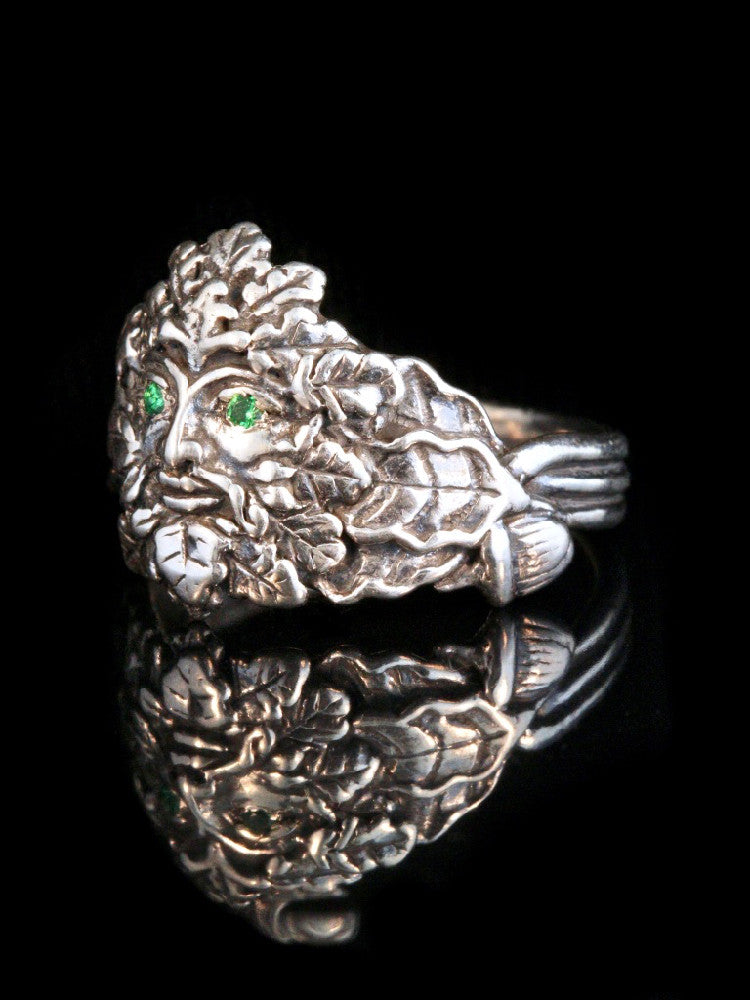 Green Man Ring with Tsavorite Eyes in Silver
