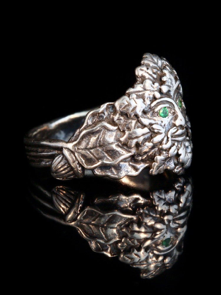 Green Man Ring with Tsavorite Eyes in Silver