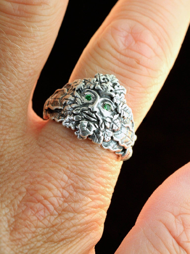 Green Man Ring with Tsavorite Eyes in Silver