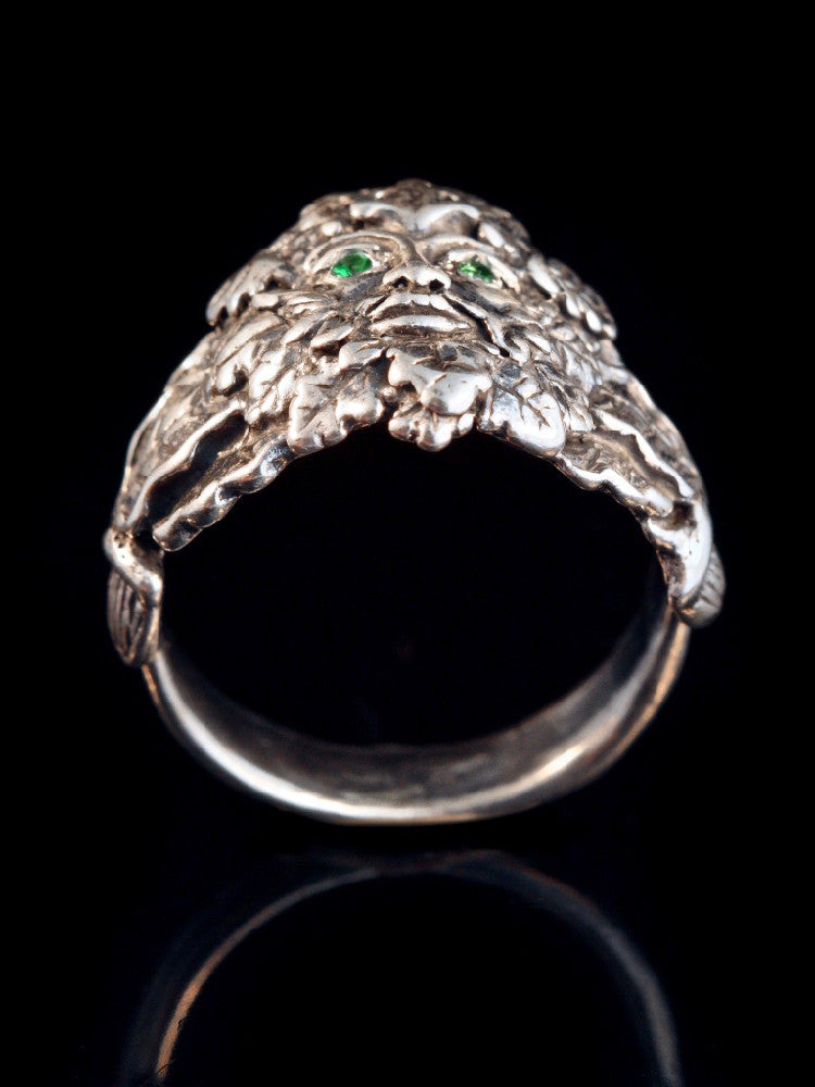 Green Man Ring with Tsavorite Eyes in Silver