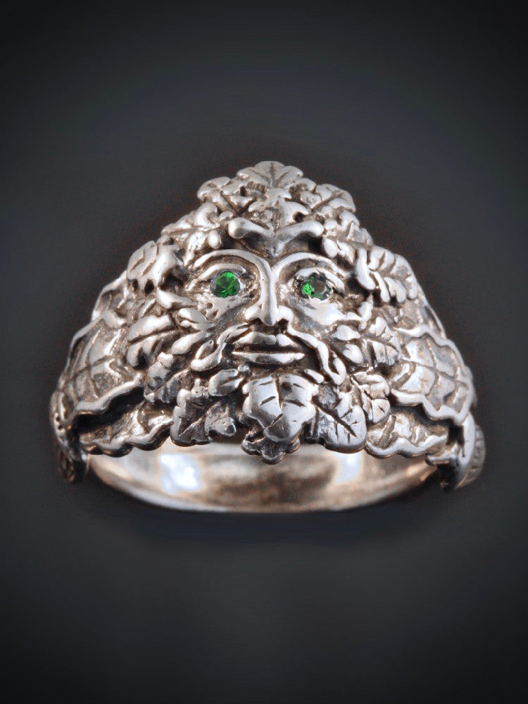 Green Man Ring with Tsavorite Eyes in Silver