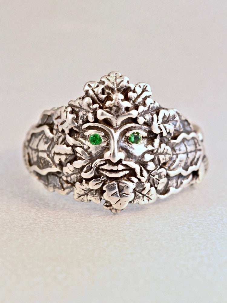 Green Man Ring with Tsavorite Eyes in Silver
