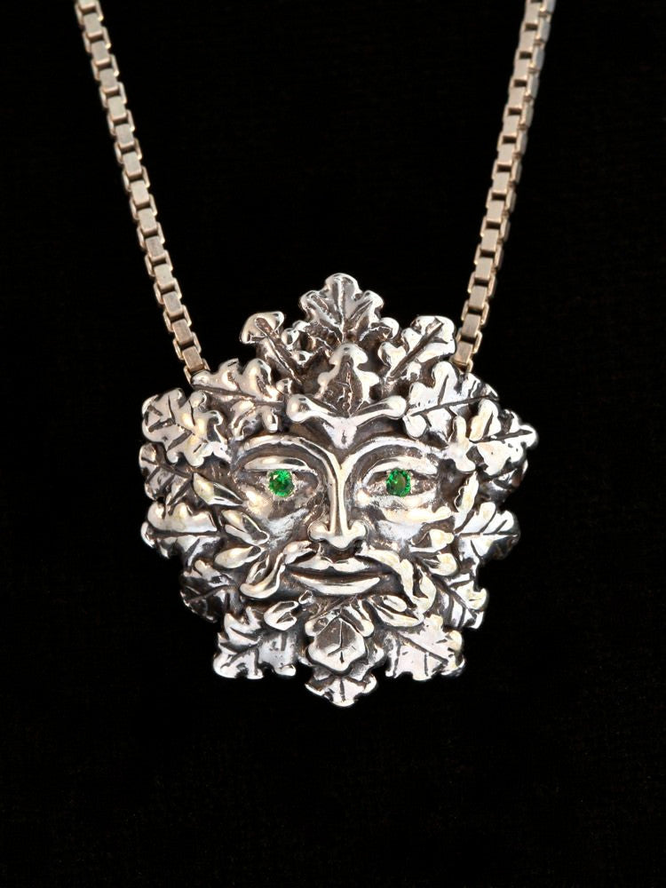 Green Man Charm with Tsavorite Eyes - Silver