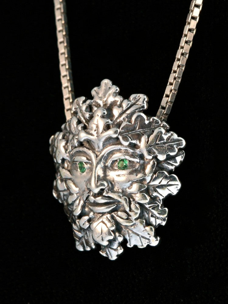 Green Man Charm with Tsavorite Eyes - Silver