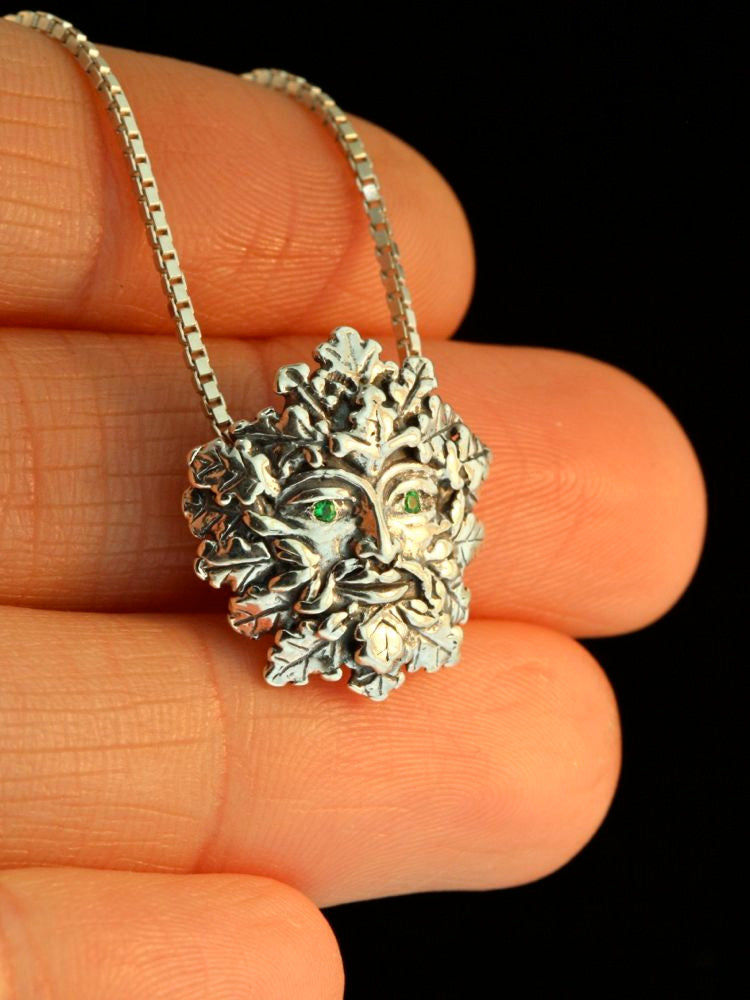 Green Man Charm with Tsavorite Eyes - Silver