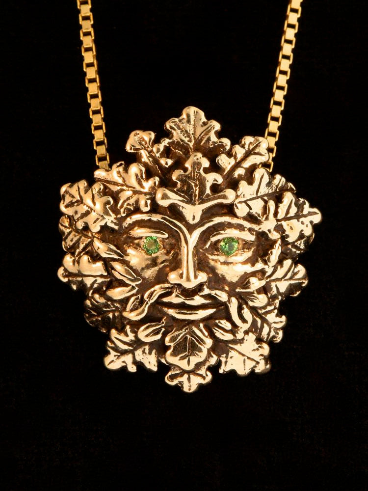 Green Man Pendant with Tsavorite Eyes - 14K Gold
