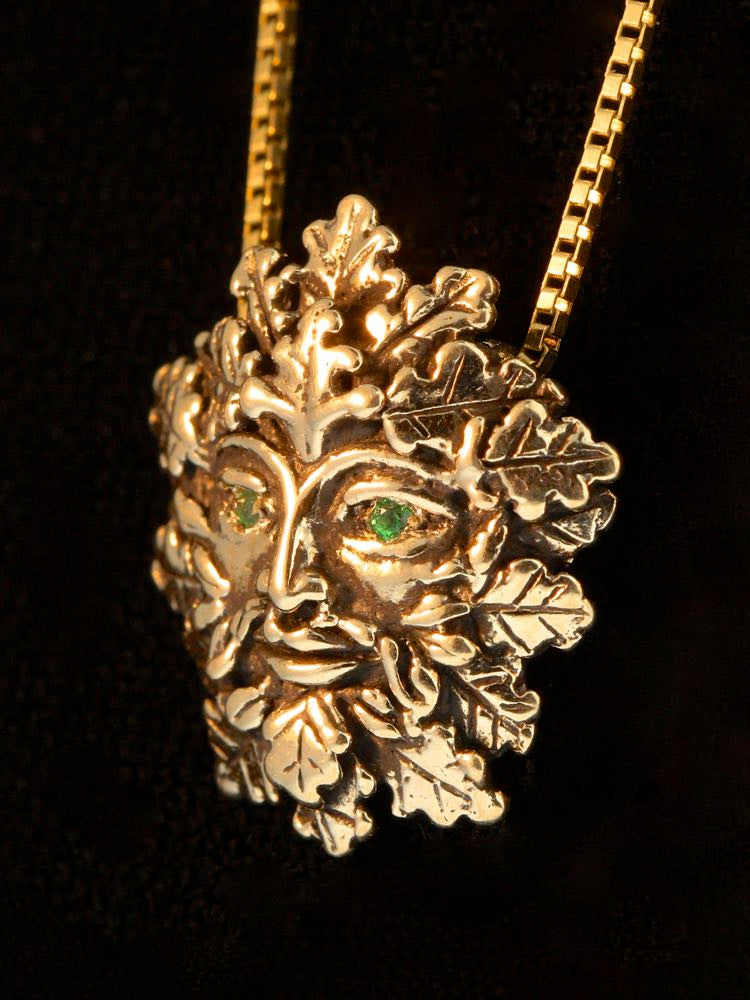 Green Man Pendant with Tsavorite Eyes - 14K Gold