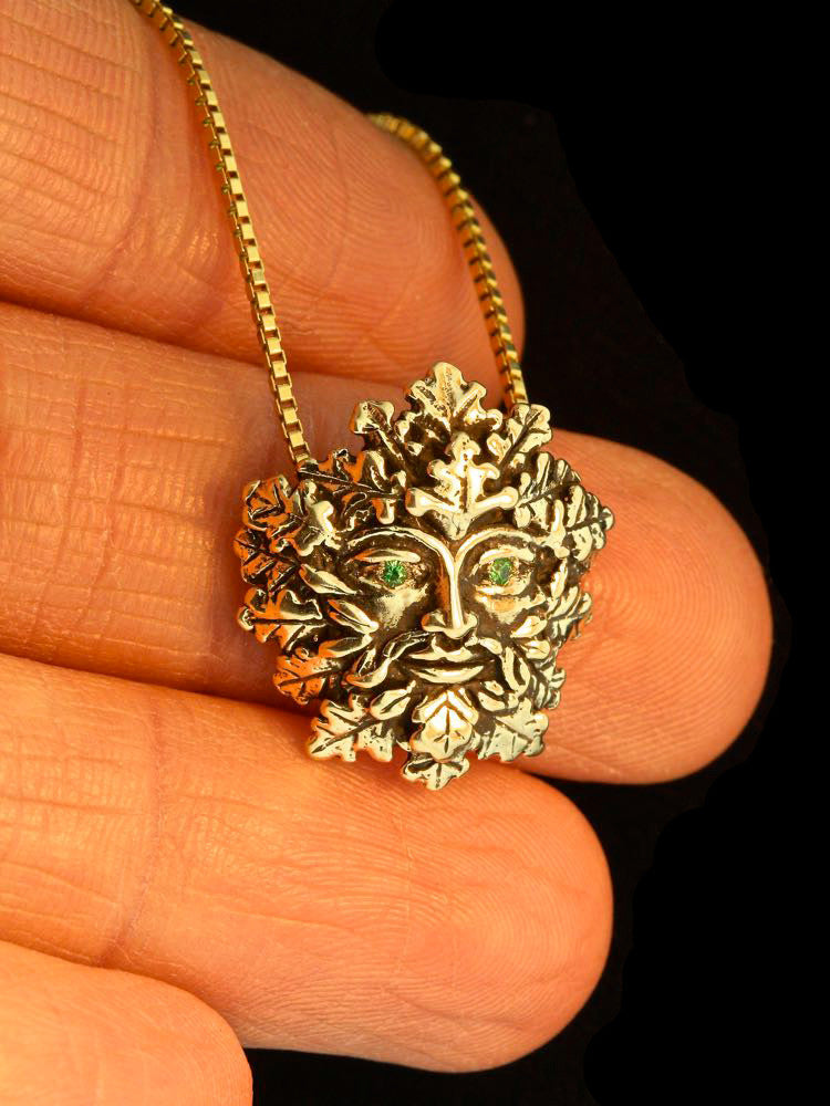Green Man Pendant with Tsavorite Eyes - 14K Gold