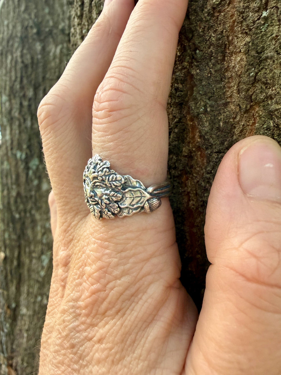 Oak Leaf and Acorn Green Man Ring in Silver