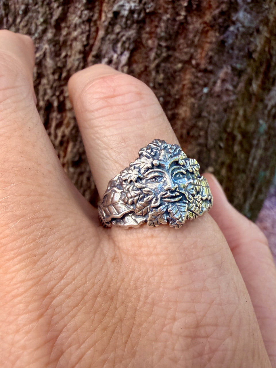 Oak Leaf and Acorn Green Man Ring in Silver