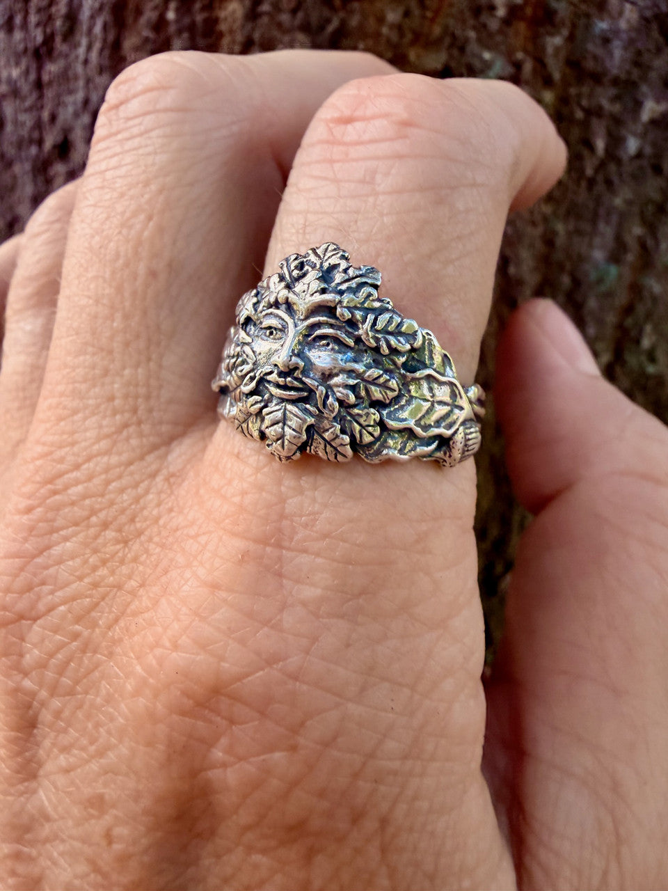 Oak Leaf and Acorn Green Man Ring in Silver