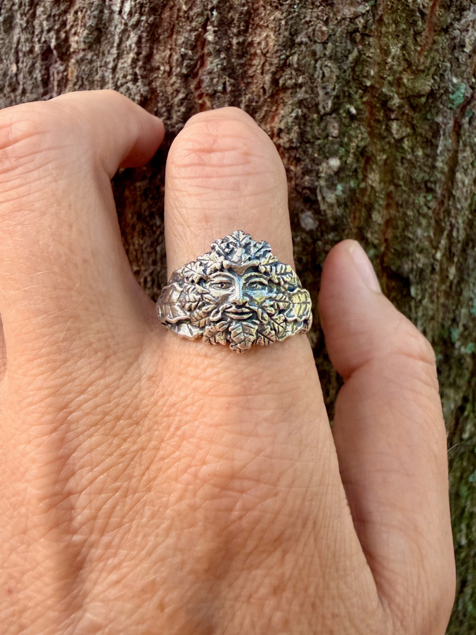 Oak Leaf and Acorn Green Man Ring in Silver