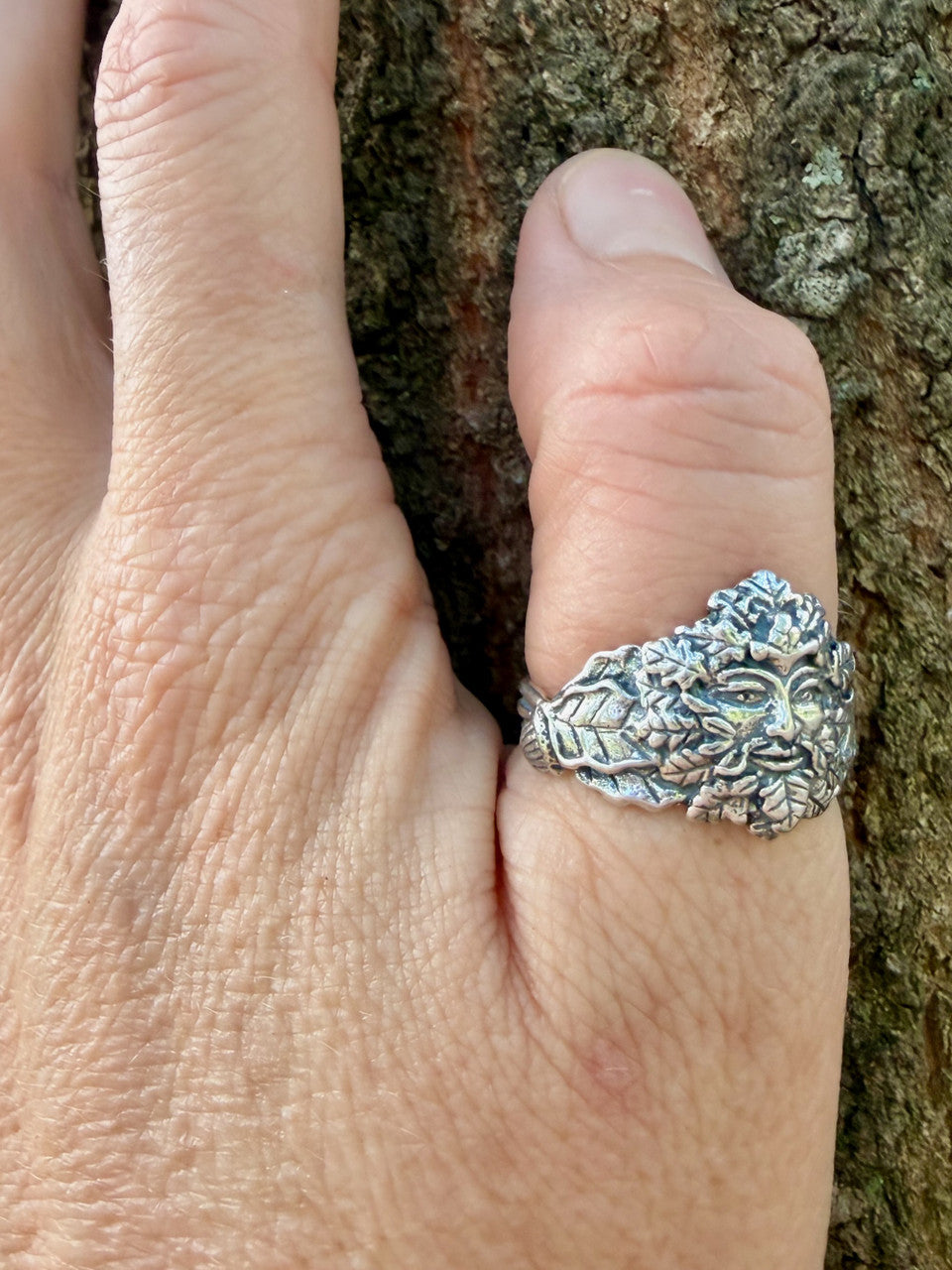Oak Leaf and Acorn Green Man Ring in Silver