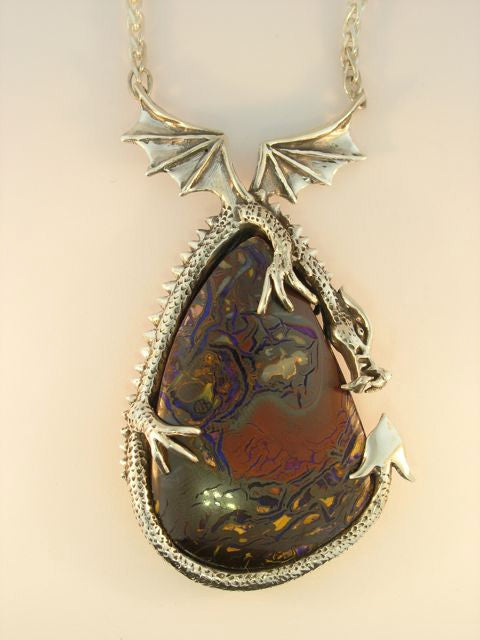 Guardian Dragon Pendant with Korite Australian Opal - Sterling Silver - SOLD