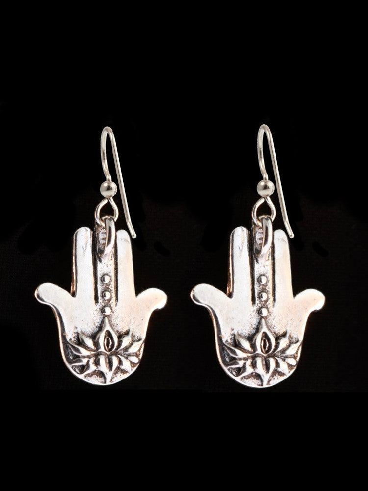 Eye of Protection Hamsa Hand Earrings - Silver