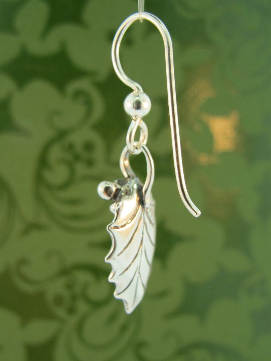 Christmas - Holly Leaf Earrings - Silver