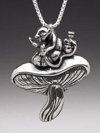 Alice in Wonderland's  Caterpillar and Mushroom Pendant - Sterling Silver