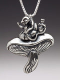 Alice in Wonderland's  Caterpillar and Mushroom Pendant - Sterling Silver