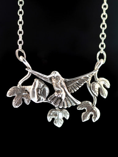 Hummingbird and Trumpet Flower Pendant - Sterling Silver