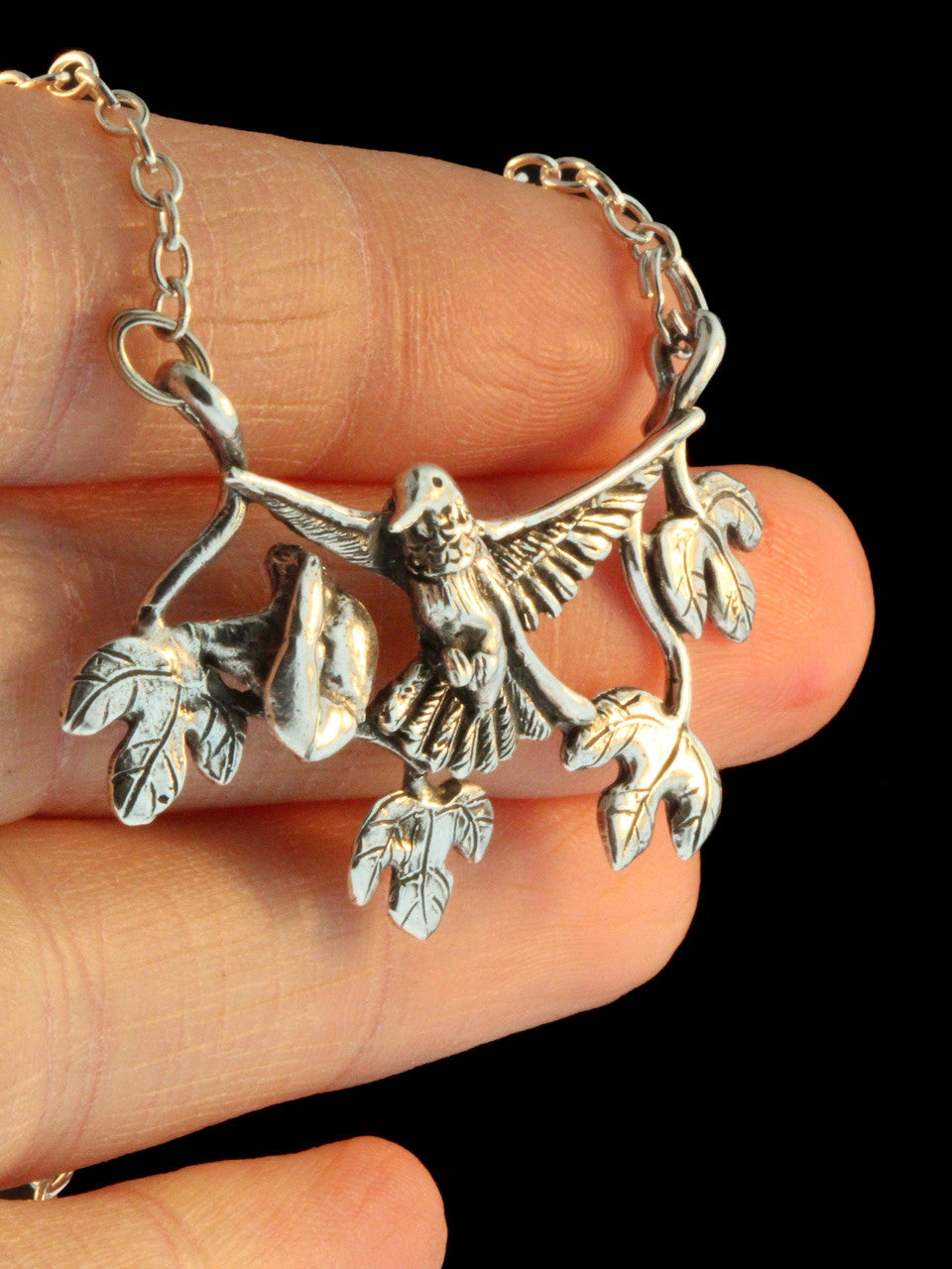 Hummingbird and Trumpet Flower Pendant - Sterling Silver