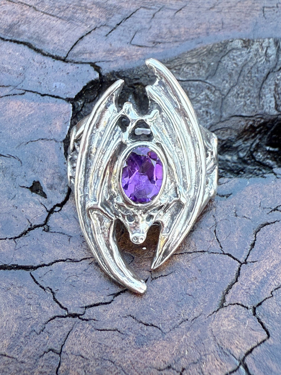 Gothic Bat Ring with Amethyst Gemstone
